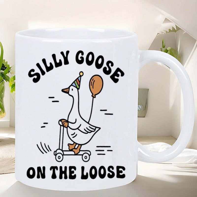 Tailorly White Ceramic 11 oz Mug - Silly Goose On The Loose Whimsical White Cartoon Bird Wearing Party Hat Riding Fast Kick Scooter Goose