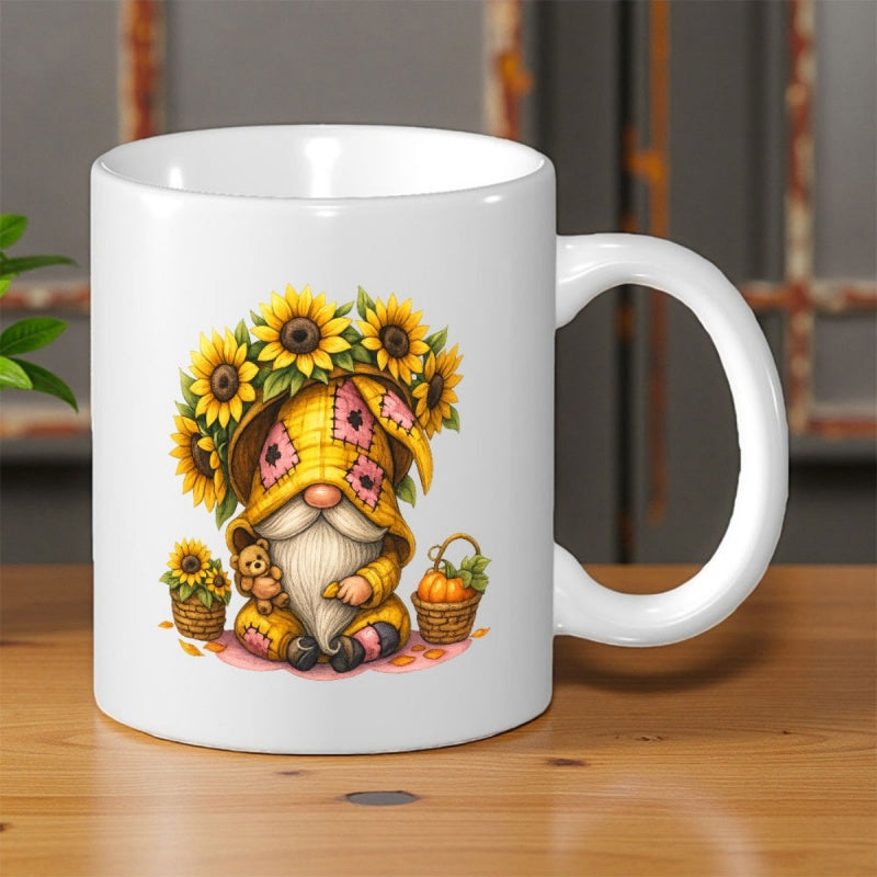 Tailorly White Ceramic 11 oz Mug - Adorable Harvest Theme With Vibrant Sunflowers And Patchwork Hat Garden Gnome