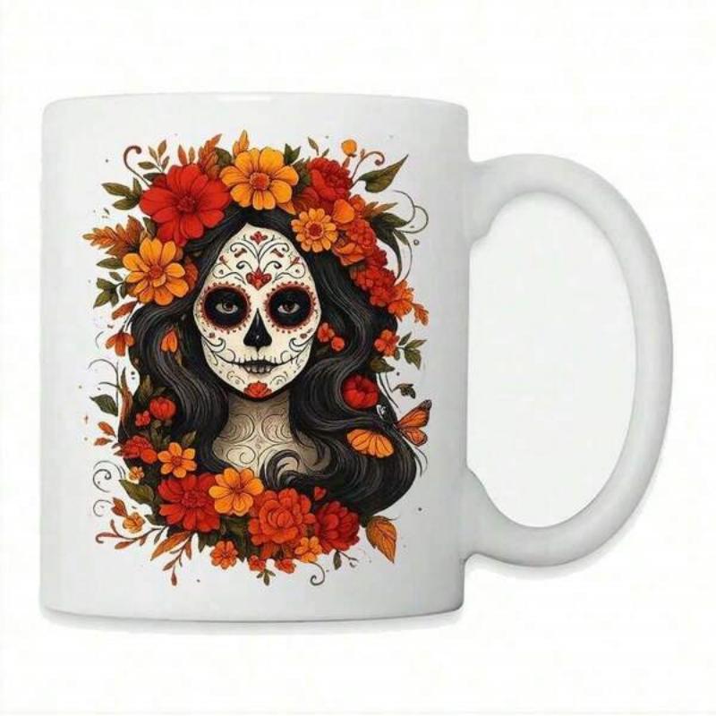 Tailorly White Ceramic 11 oz Mug - Beautiful Day Of The Dead Lady Surrounded By Blooming Orange Flowers Sugar Skull