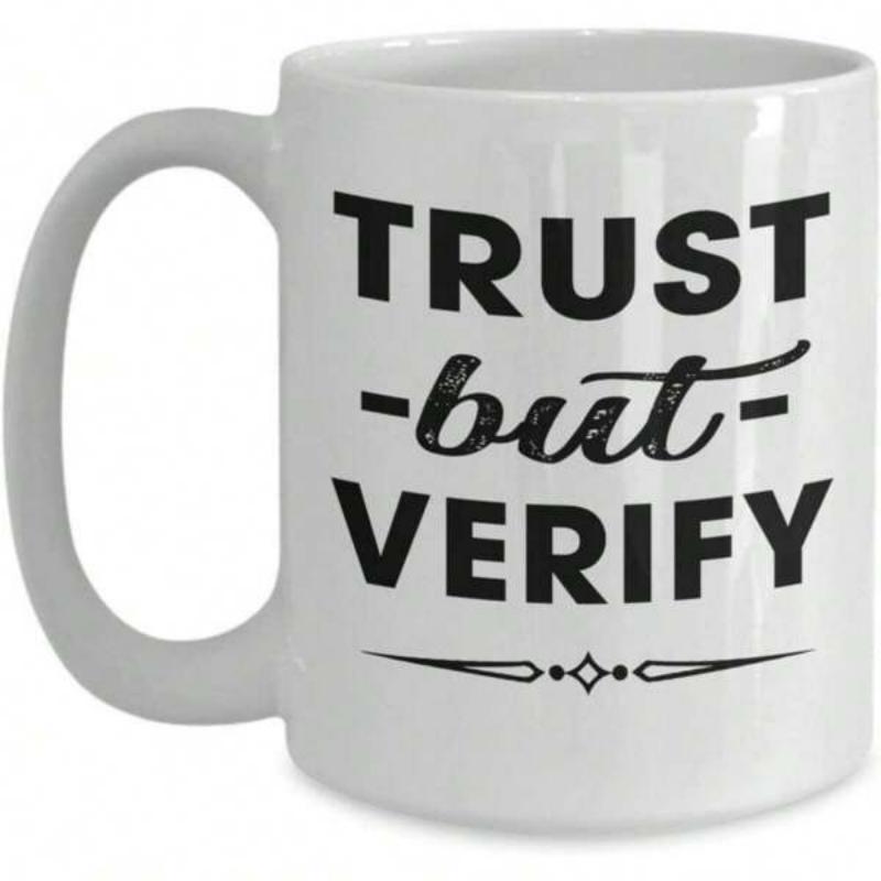 Tailorly White Ceramic 11 oz Mug - Trust But Verify Elegant Black Typography Featuring Minimalist Decorative Lines And Modern Script Font Sign