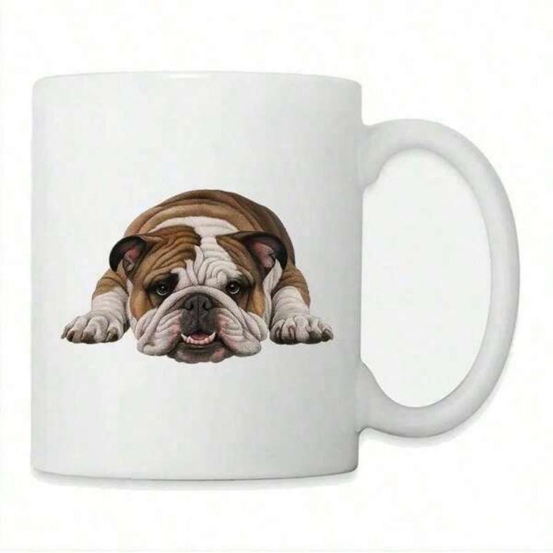Tailorly White Ceramic 11 oz Mug - Lying Flat On Ground With Adorable Wrinkled Face And Brown White Fur Bulldog