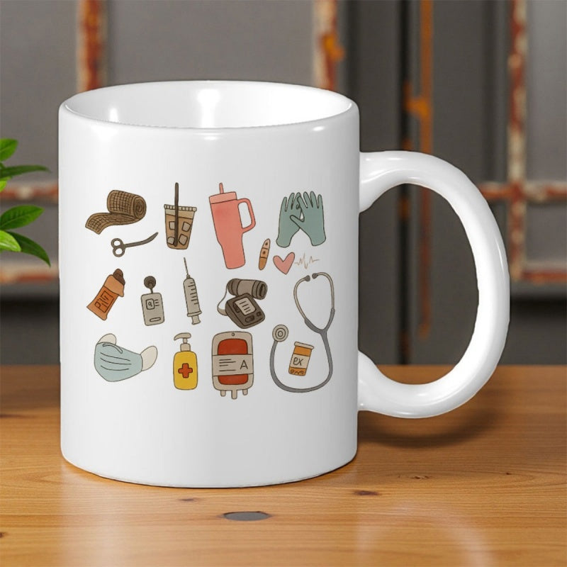 Tailorly White Ceramic 11 oz Mug - Collection Of Medical Equipment Icons Featuring Stethoscope And Bandages Mug