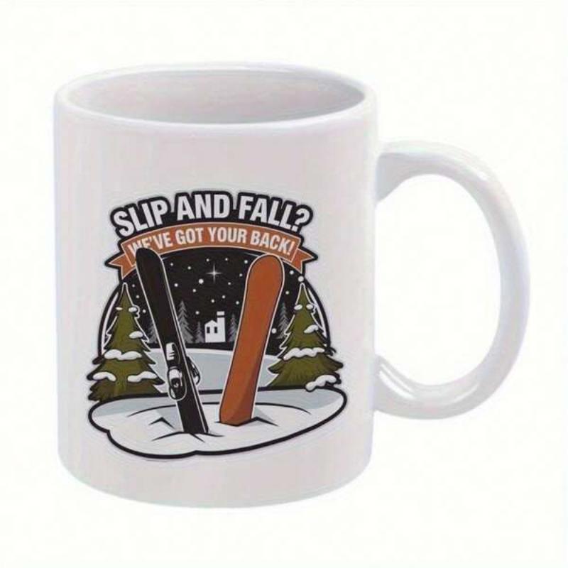 Tailorly White Ceramic 11 oz Mug - Slip And Fall We Ve Got Your Back Winter Mountain Scene With Evergreen Trees And Snowy Cabin Under Stars Snowboard