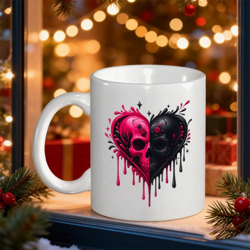 Tailorly White Ceramic 11 oz Mug - Vibrant Pink And Dark Black Gothic Skulls Melting Into An Intricate Heart