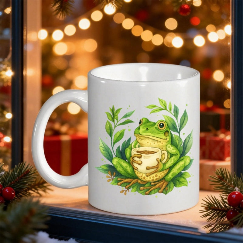 Tailorly White Ceramic 11 oz Mug - Charming Green Amphibian Holding Warm Coffee Among Vibrant Garden Leaves Frog