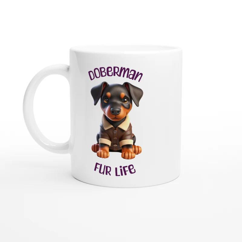 Tailorly White Ceramic 11 oz Mug - Doberman Fur Life Adorable Cartoon Puppy Wearing A Brown Shirt Sitting Peacefully Doberman