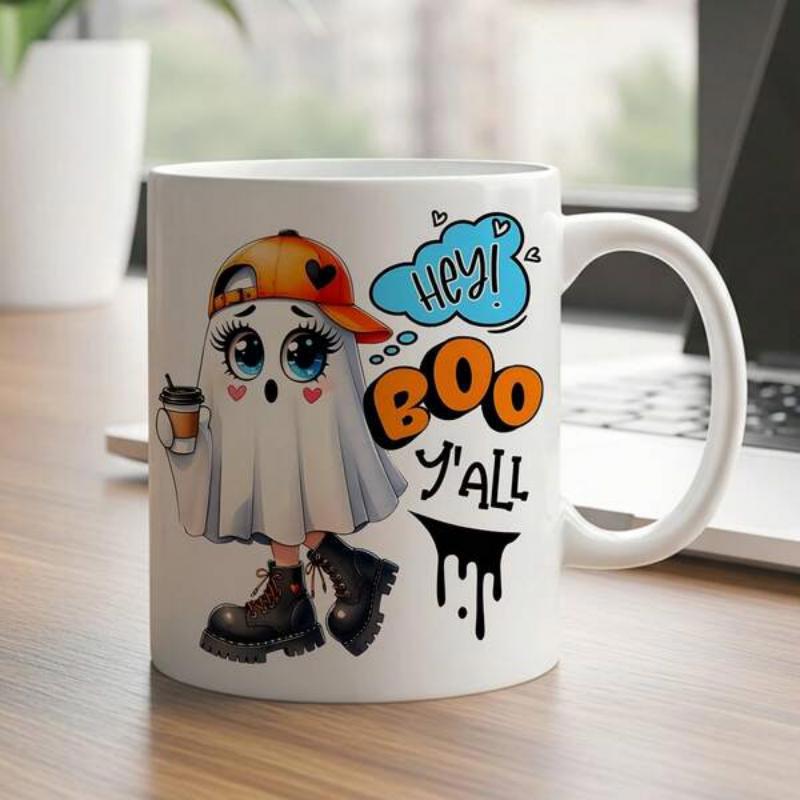 Tailorly White Ceramic 11 oz Mug - Hey Boo Yall Adorable Cartoon Ghost Wearing Cap Carrying Hot Coffee Ghost