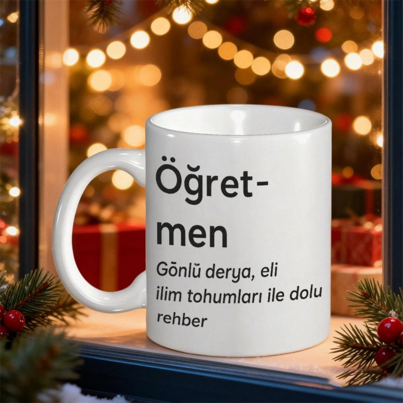Tailorly White Ceramic 11 oz Mug - Minimalist Ceramic Surface Sitting Near Festive Holiday Christmas Lights Decorative Mug