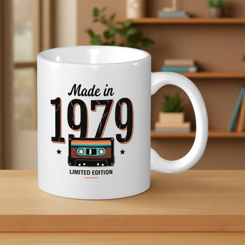Tailorly White Ceramic 11 oz Mug - Made In 1979 Limited Edition Vintage Style Brown Audio Tape With Colorful Stripes Featured In A Retro Design Cassette