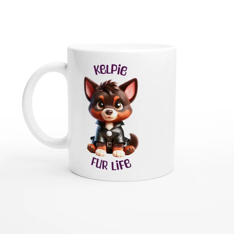 Tailorly White Ceramic 11 oz Mug - Kelpie Fur Life Adorable Cartoon Puppy Wearing A Cool Black Leather Jacket Stylized Kelpie