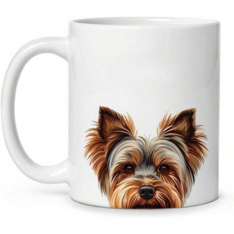 Tailorly White Ceramic 11 oz Mug - Peeking Adorable Yorkshire Terrier With Detailed Fluffy Brown Fur And Ears Dog