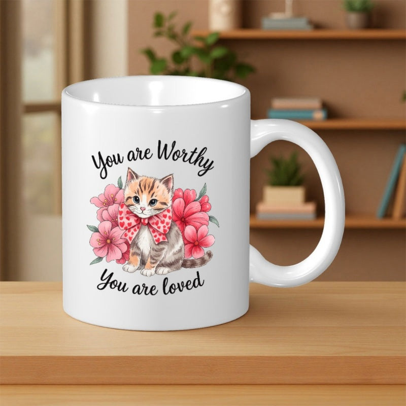 Tailorly White Ceramic 11 oz Mug - You Are Worthy You Are Loved Sweet Ginger Cat Wearing Heart Polka Dot Bow Among Blossoming Pink Flowers Kitten