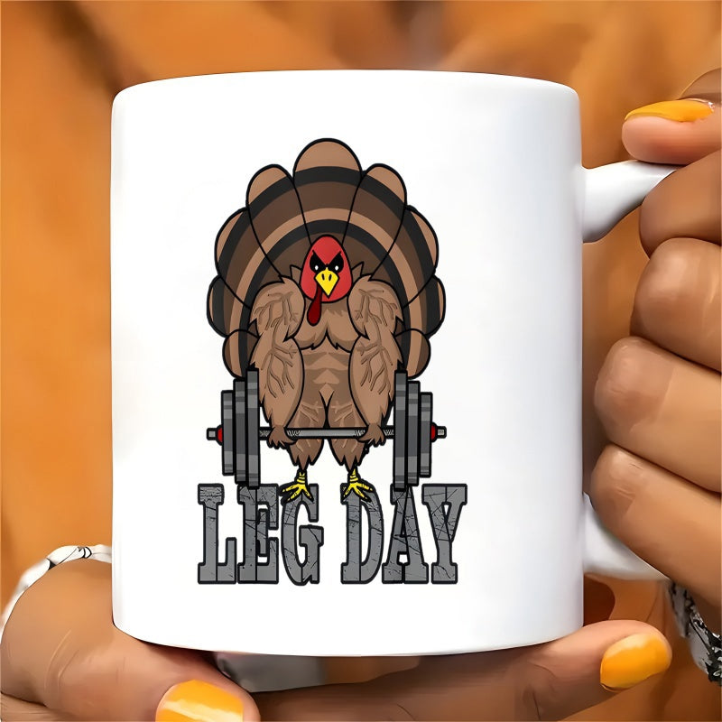 Tailorly White Ceramic 11 oz Mug - Leg Day Muscular Strong Brown Turkey Lifting Heavy Weights For Thanksgiving Gym Turkey