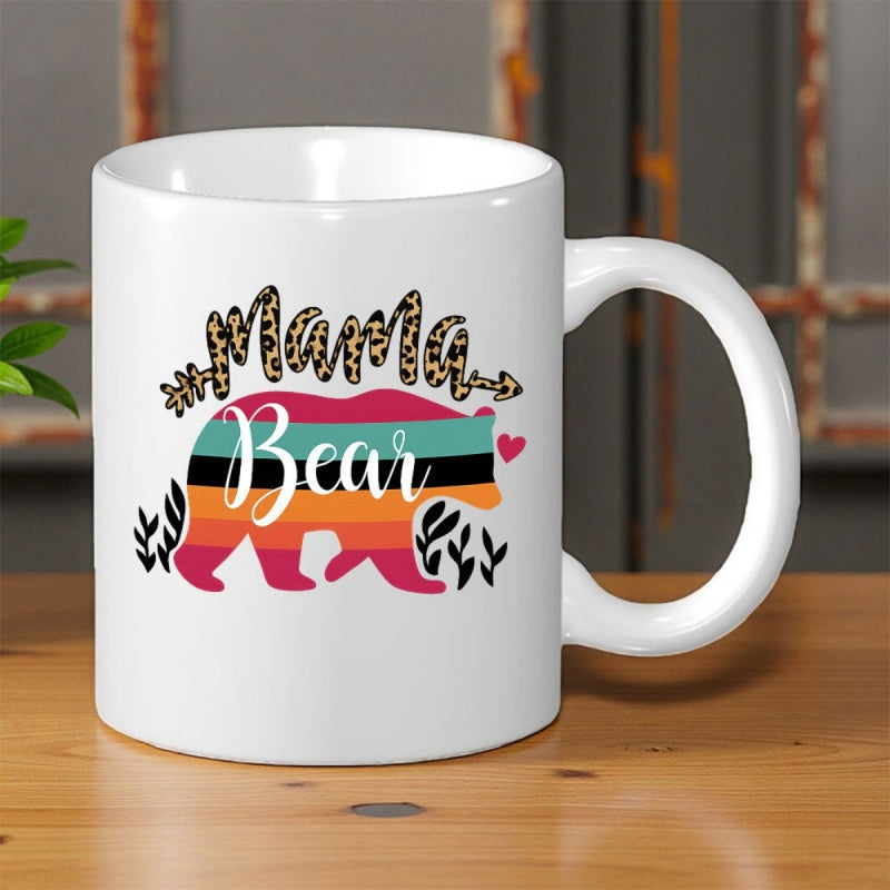 Tailorly White Ceramic 11 oz Mug - Mama Bear Colorful Retro Striped Silhouette With Leopard Print Pattern Arrows Bear