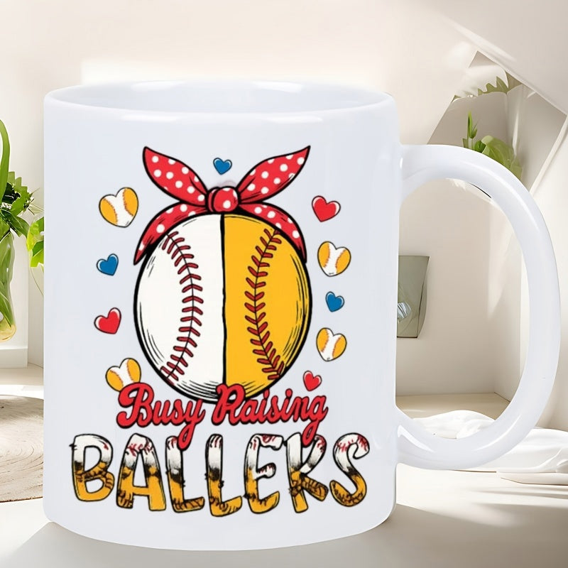 Tailorly White Ceramic 11 oz Mug - Busy Raising Ballers Half White And Yellow Sports Ball With Red Bow Baseball