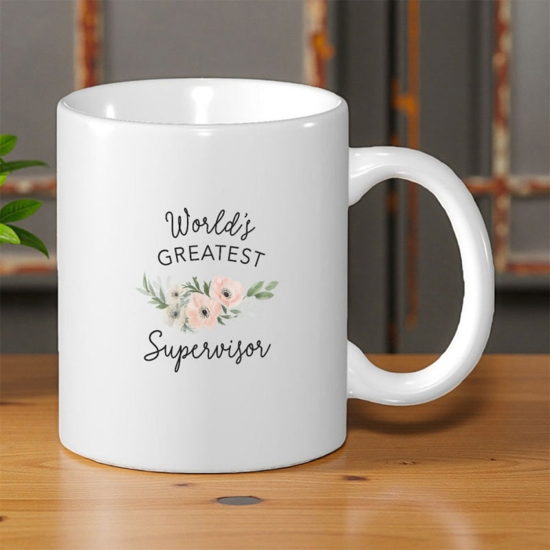Tailorly White Ceramic 11 oz Mug - Worlds Greatest Supervisor Soft Pink Blossoming Petals With Lush Green Leaves And Delicate Foliage Floral Bouquet