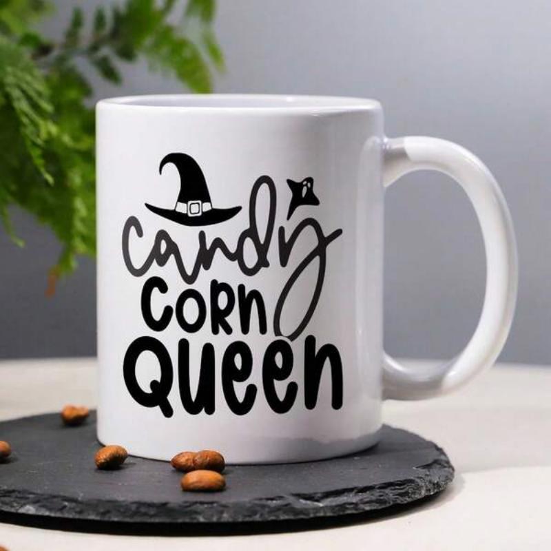 Tailorly White Ceramic 11 oz Mug - Candy Corn Queen Sleek Black Metal Whimsical Halloween Pointed With Decorative Buckle Accents Witch Hat
