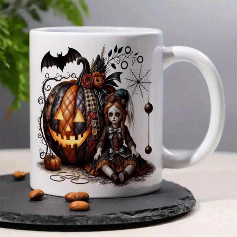 Tailorly White Ceramic 11 oz Mug - Spooky Gothic Doll Sitting Beside A Carved Glowing Halloween Lantern Among Bats Pumpkin