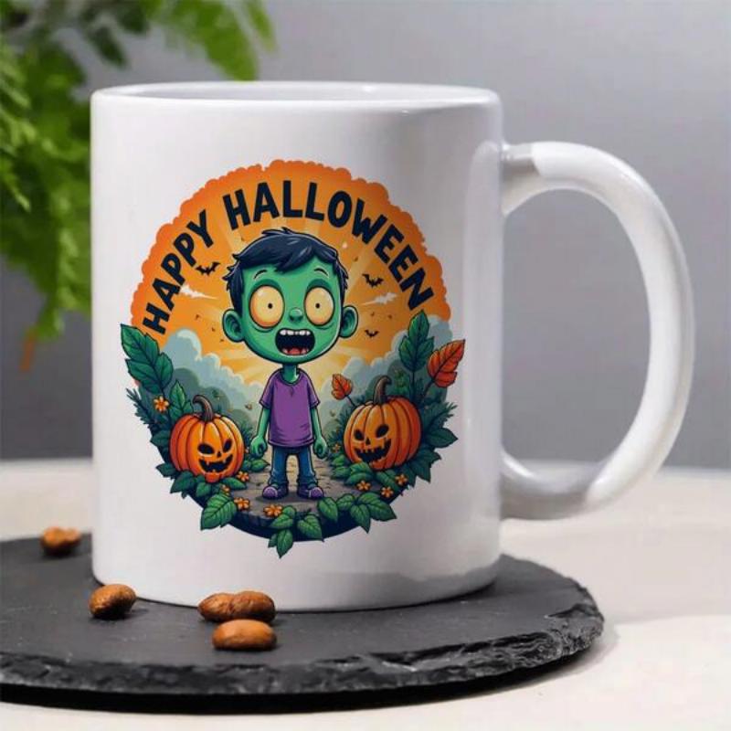 Tailorly White Ceramic 11 oz Mug - Happy Halloween Adorable Cartoon Green Zombie Standing Between Spooky Pumpkins Under Autumn Sun Zombie
