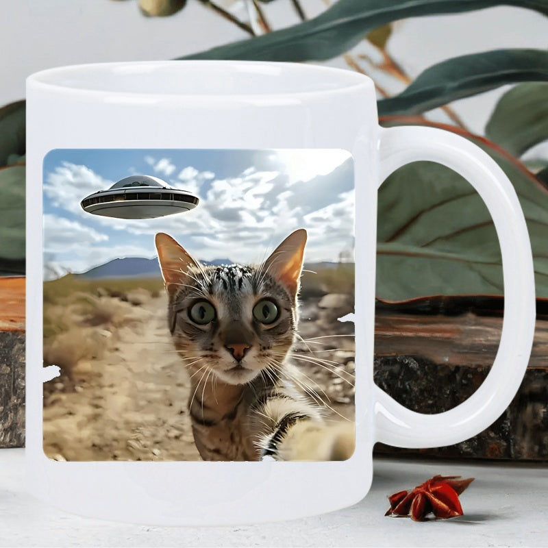 Tailorly White Ceramic 11 oz Mug - Funny Tabby Cat Taking Selfie In Desert With Hovering Alien UFO Cat