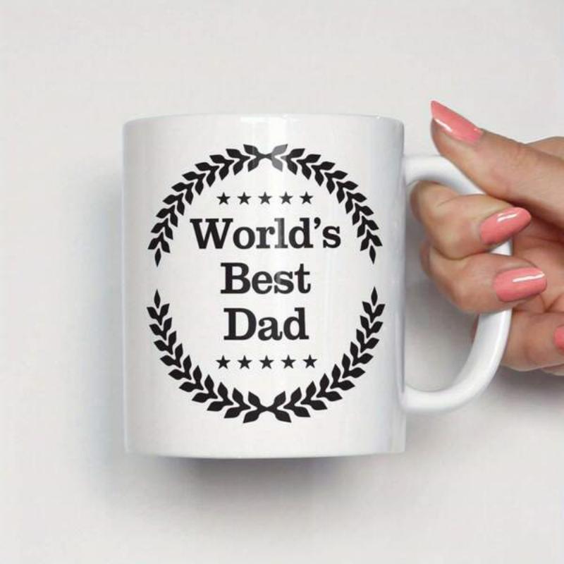 Tailorly White Ceramic 11 oz Mug - World's Best Dad Laurel Wreath With Five Decorative Stars In A Circular Pattern Laurel