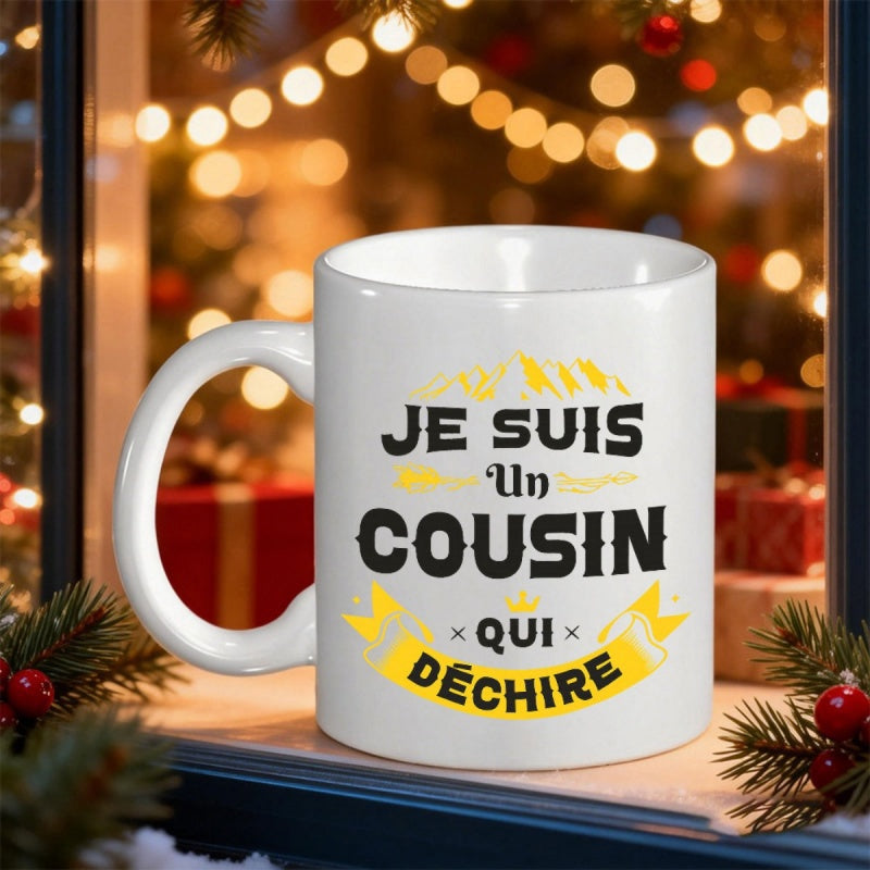 Tailorly White Ceramic 11 oz Mug - Minimalist Bold Text Framed By Yellow Decorative Ribbons Over White Porcelain Mug
