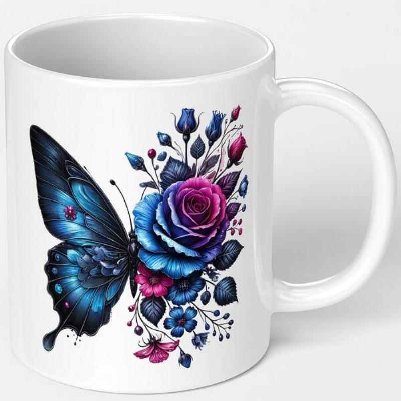 Tailorly White Ceramic 11 oz Mug - Vibrant Blue Butterfly Among Blooming Purple Roses And Dark Foliage Butterfly