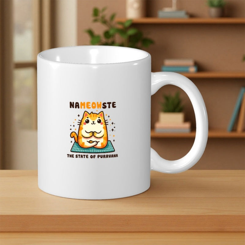 Tailorly White Ceramic 11 oz Mug - Nameowste The State Of Purrrrrana Adorable Ginger Kitten Meditating Peacefully On A Teal Yoga Mat Cat