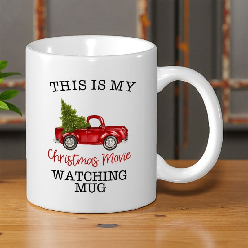 Tailorly White Ceramic 11 oz Mug - This Is My Christmas Movie Watching Mug Classic Red Vintage Truck Carrying A Green Festive Pine Tree Truck