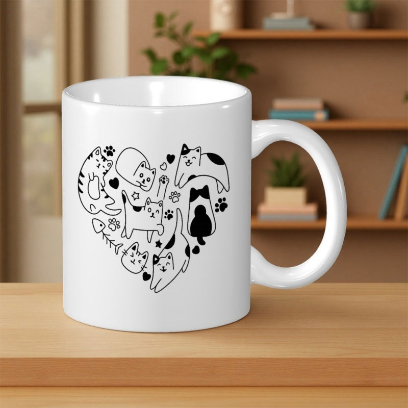 Tailorly White Ceramic 11 oz Mug - Minimalist Black Line Art Sketch Featuring Multiple Playful Cartoon Feline Kittens Cat