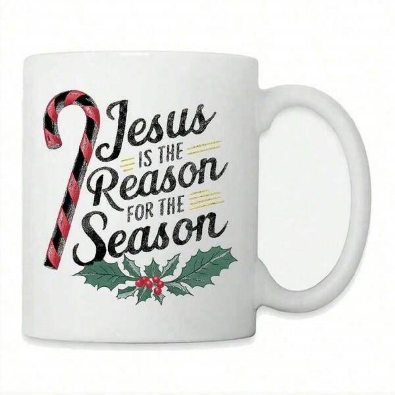 Tailorly White Ceramic 11 oz Mug - Jesus Is The Reason For The Season Festive Christmas Candy Cane With Green Holly Leaves And Red Berries Mug