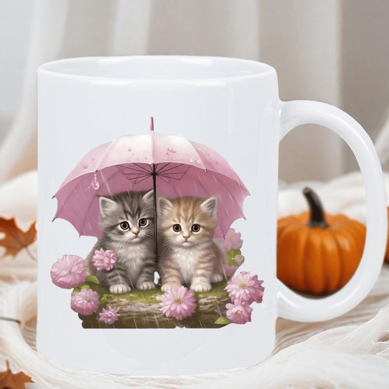 Tailorly White Ceramic 11 oz Mug - Two Adorable Small Cats Sheltering Under A Soft Pink Umbrella Kittens