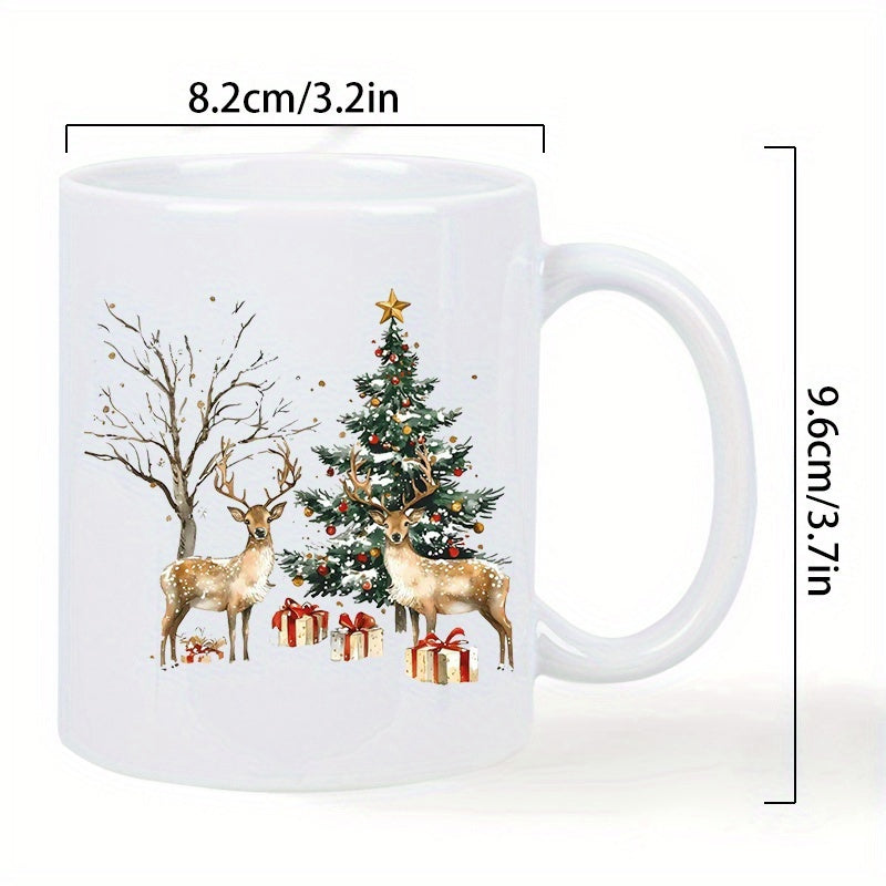 Tailorly White Ceramic 11 oz Mug - Elegant Reindeer Standing Near Decorated Christmas Tree With Gift Boxes Deer