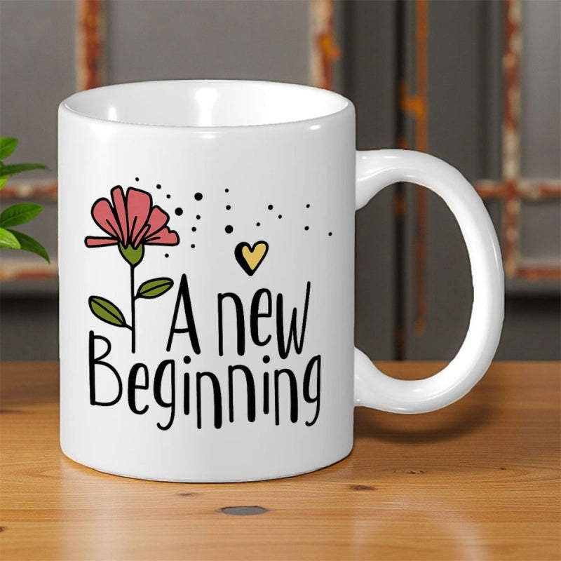 Tailorly White Ceramic 11 oz Mug - A New Beginning Elegant Hand Drawn Red Flower With Green Leaves And Yellow Heart Flower