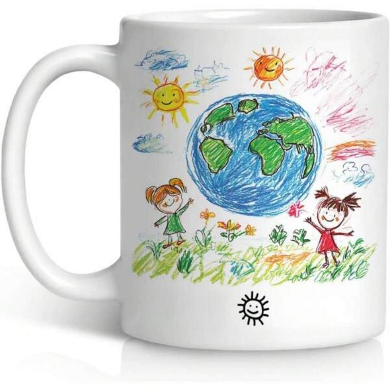Tailorly White Ceramic 11 oz Mug - Childlike Crayon Drawing Of Happy Kids Standing Near A Colorful Earth