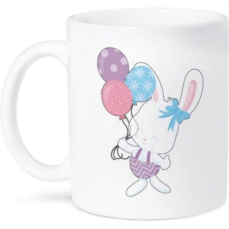 Tailorly White Ceramic 11 oz Mug - Adorable Cartoon Bunny Holding Colorful Patterned Balloons And Wearing Small Bow Rabbit