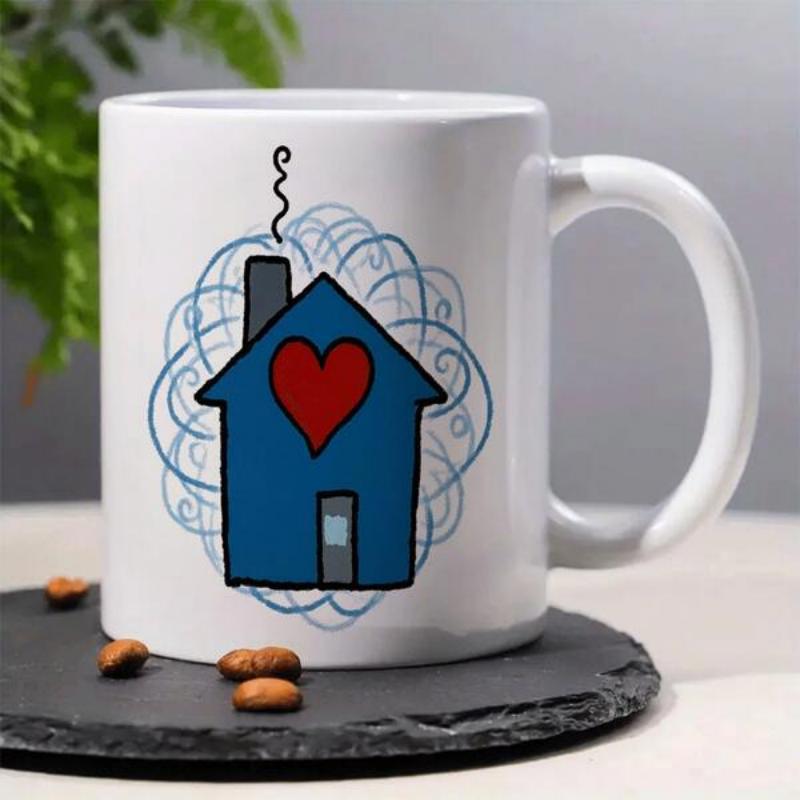 Tailorly White Ceramic 11 oz Mug - Hand Drawn Blue Home With Red Heart Under Swirling Sky House