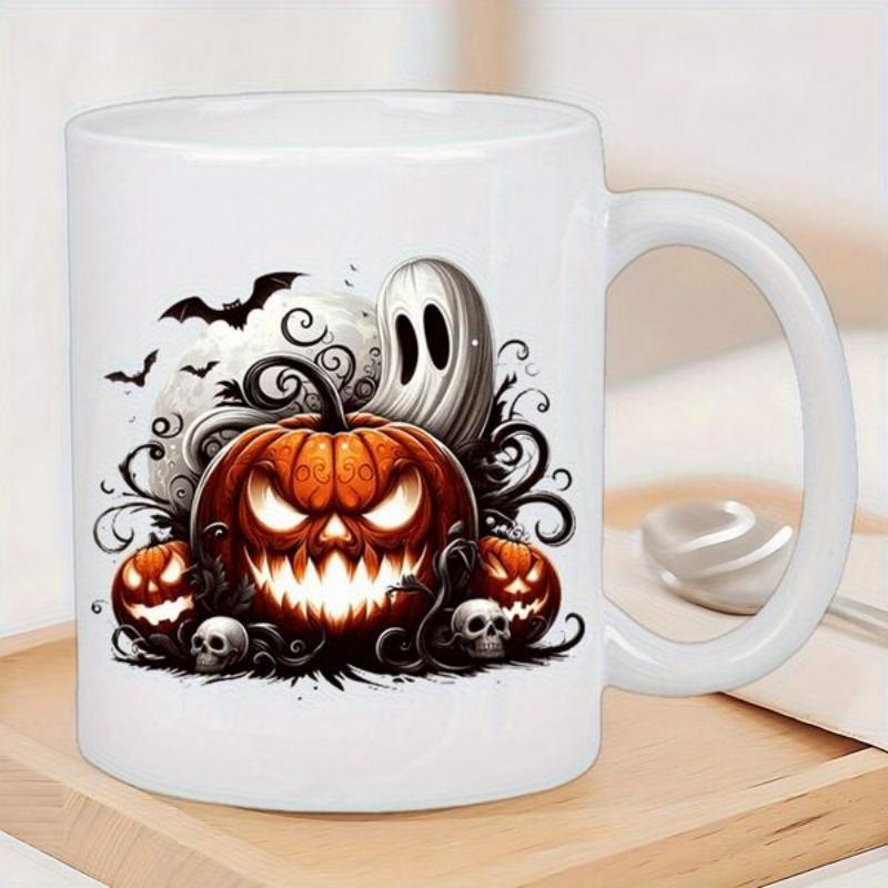 Tailorly White Ceramic 11 oz Mug - Spooky Halloween Scene With Grinning Ghost And Flying Bats Under Moonlit Night Pumpkin