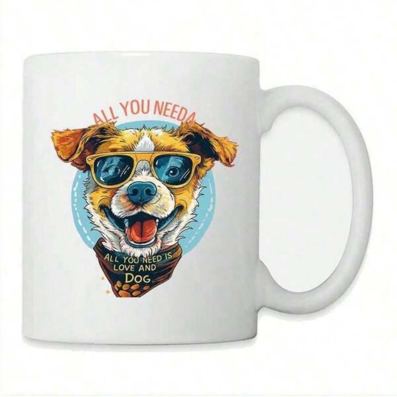 Tailorly White Ceramic 11 oz Mug - All You Need Is Love And Dog Wearing Sunglasses And Bandana Smiling Happily Within A Circular Blue Background Dog