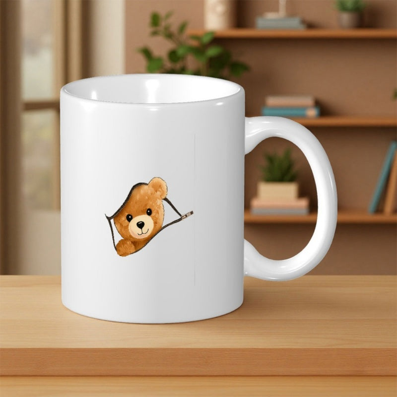 Tailorly White Ceramic 11 oz Mug - Cute Little Brown Creature Peeking Through A Ripped White Paper Hole Bear
