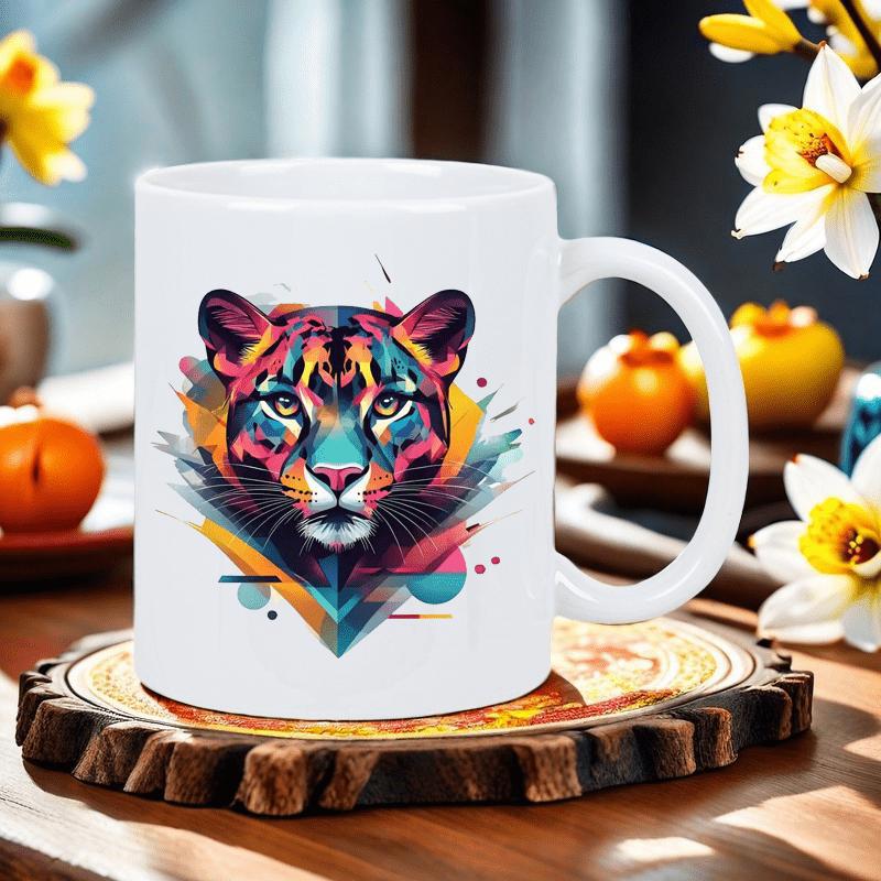 Tailorly White Ceramic 11 oz Mug - Stylized Artistic Feline Head With Vibrant Geometric Patterns And Colorful Splashes Panther
