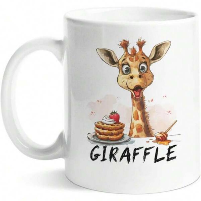 Tailorly White Ceramic 11 oz Mug - Giraffe Cute Spotted Animal Smiling Over Stacked Pancakes Topped With Red Fruit Giraffe