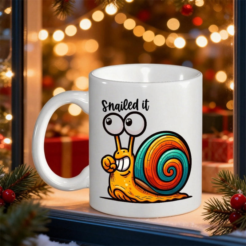 Tailorly White Ceramic 11 oz Mug - Snailed It Smiling Cartoon Character With Vibrant Rainbow Shell And Expressive Eyes Snail