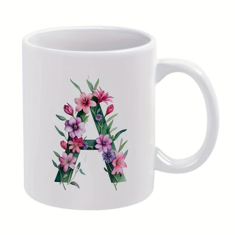 Tailorly White Ceramic 11 oz Mug - A Delicate Watercolor Floral Arrangement Blooming Around A Green Botanical Initial
