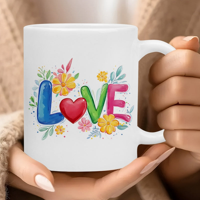 Tailorly White Ceramic 11 oz Mug - Love Colorful Bubble Letters Surrounded By Blooming Spring Flowers Mug