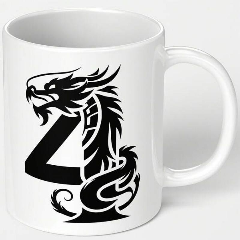Tailorly White Ceramic 11 oz Mug - Powerful Black Silhouette Tribal Mythical Beast With Sharp Geometric Details Dragon