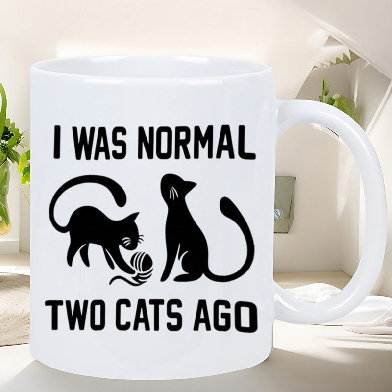 Tailorly White Ceramic 11 oz Mug - I Was Normal Two Cats Ago Minimalist Black Feline Silhouettes Playing Near A Small Woolen Yarn Cats