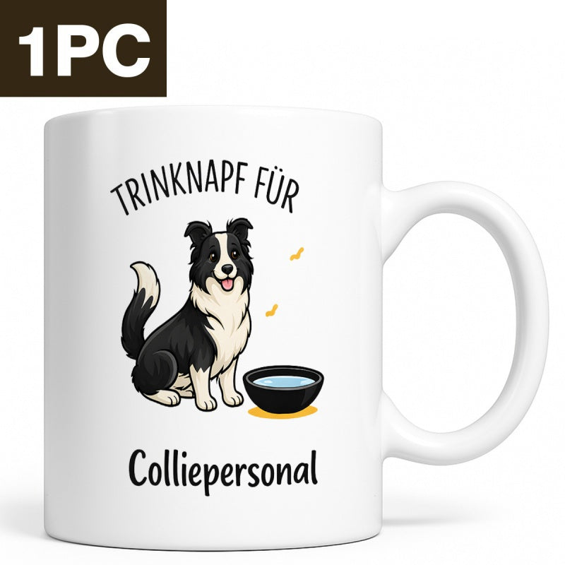 Tailorly White Ceramic 11 oz Mug - Adorable Black And White Sitting Border Collie Beside A Water Bowl Dog