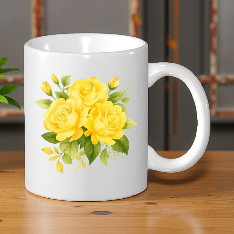 Tailorly White Ceramic 11 oz Mug - Vibrant Blooming Yellow Roses With Lush Green Leaves And Buds Flower