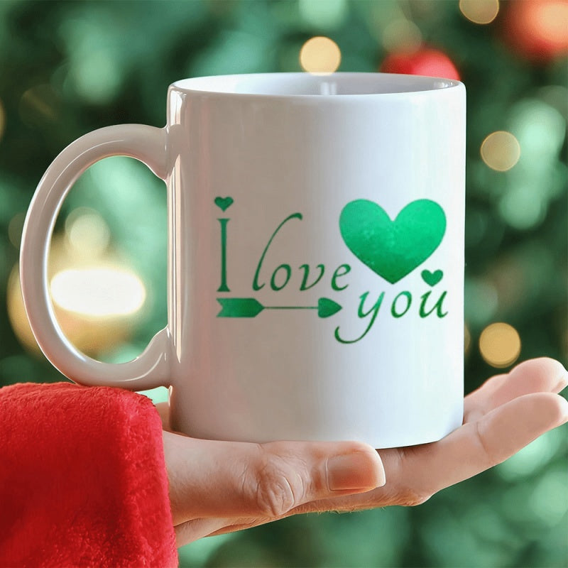 Tailorly White Ceramic 11 oz Mug - I Love You Vibrant Green Texture With Artistic Arrow And Elegant Script Heart